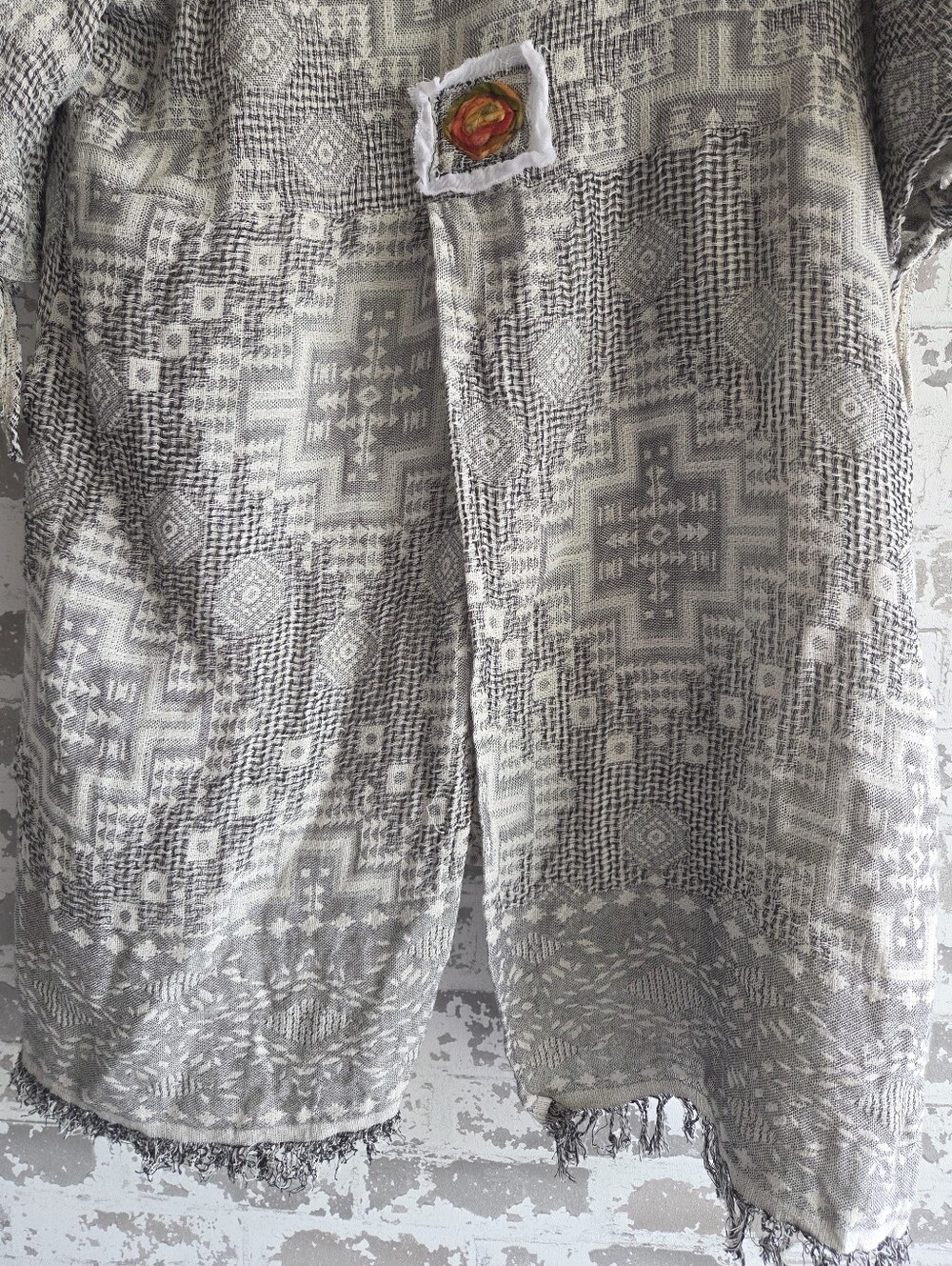 ​Paper Lace Boho Textured Cotton Knit Draped Open Cardigan Jacket Fringe Rosette - Picture 9 of 10